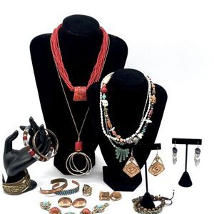 Vintage Boho Mixed Metals/Copper Jewelry w/ Tiger's Eye, Shell, & More 17pc